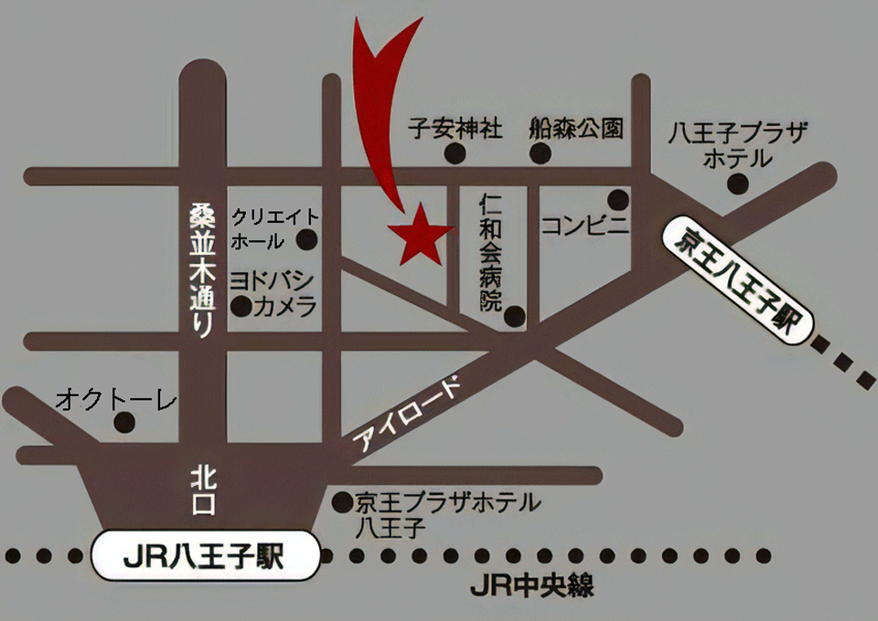 京王八王子駅、JR八王子駅からの地図です　仁和会病院横、子安神社近く